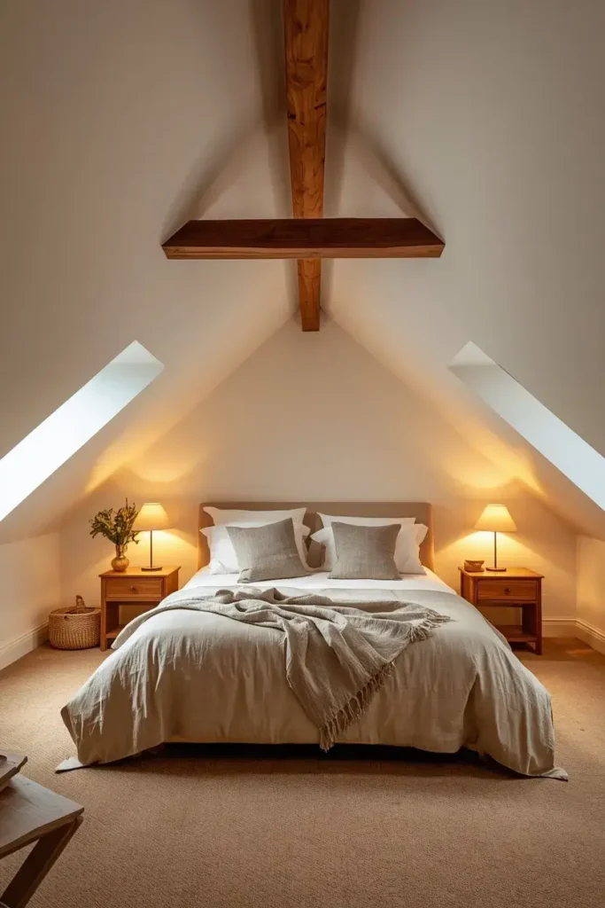 Attic bedroom with exposed wooden beams and a beautiful sloped ceiling