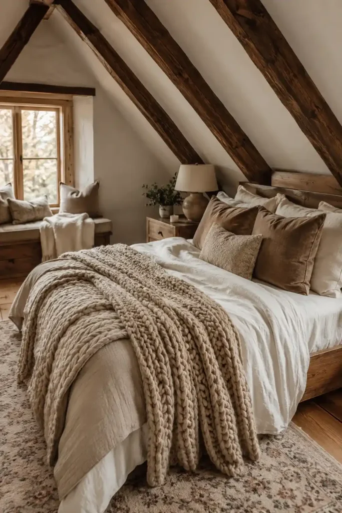 Attic bedroom with layered bedding in warm neutral textures