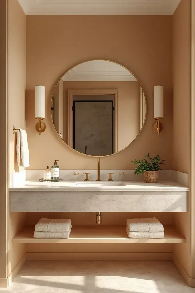 Bathroom featuring a large round mirror above a modern floating vanity
