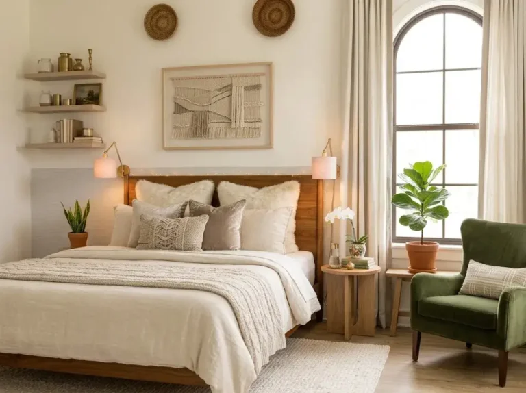 Beautiful cozy bedroom with layered bedding, warm lighting, plants, natural wood, and stylish decor.