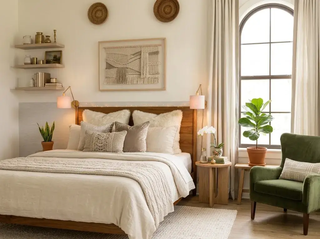 Beautiful cozy bedroom with layered bedding, warm lighting, plants, natural wood, and stylish decor.