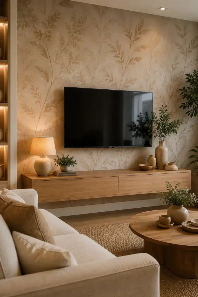 Beige botanical wallpaper backdrop behind a mounted TV in a stylish living room