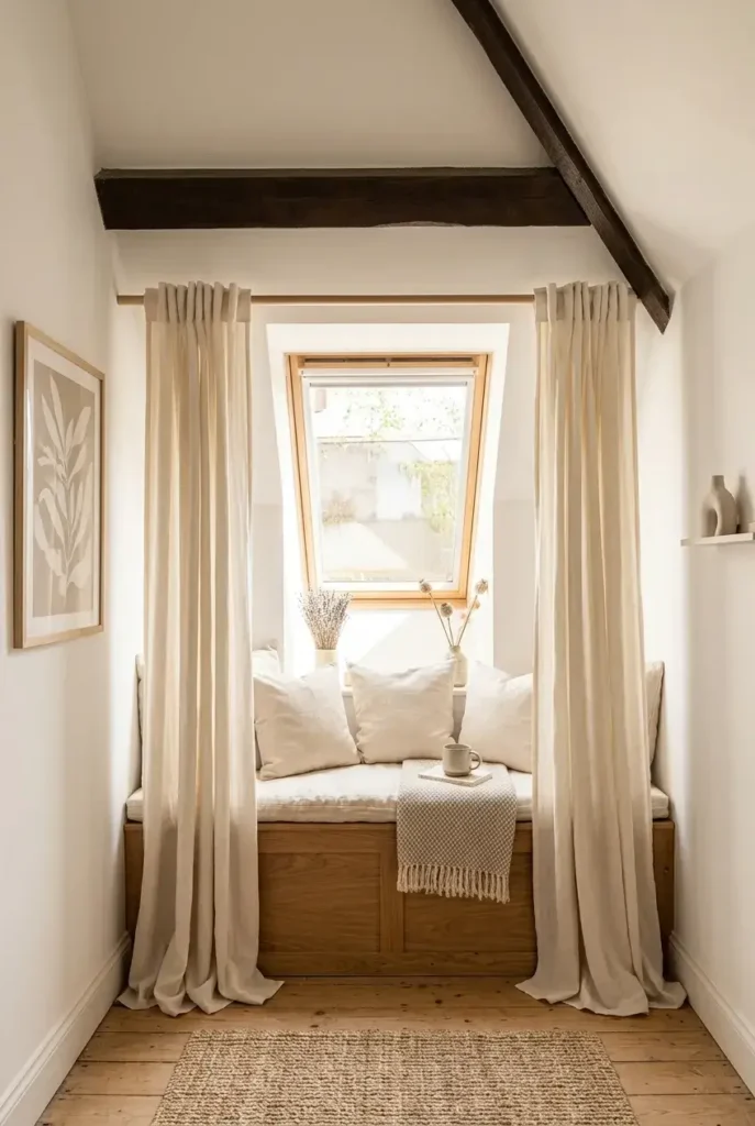 Bright attic bedroom featuring a dormer window with a cozy window seat