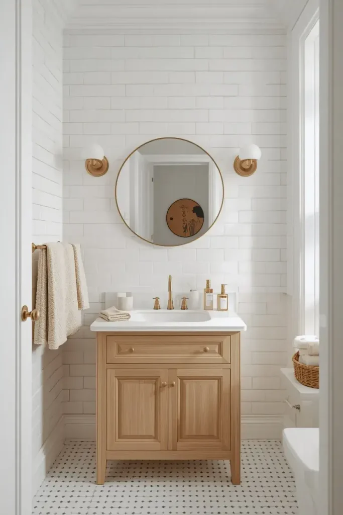 Bright bathroom with classic white subway tiles and light wood vanity