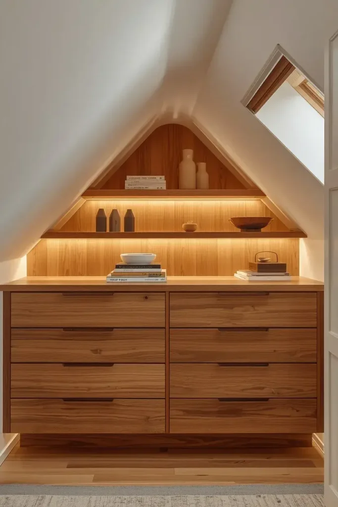 Built in storage solution under attic bedroom eaves