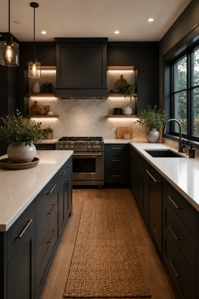 Charcoal gray kitchen cabinets with white countertops and warm lighting