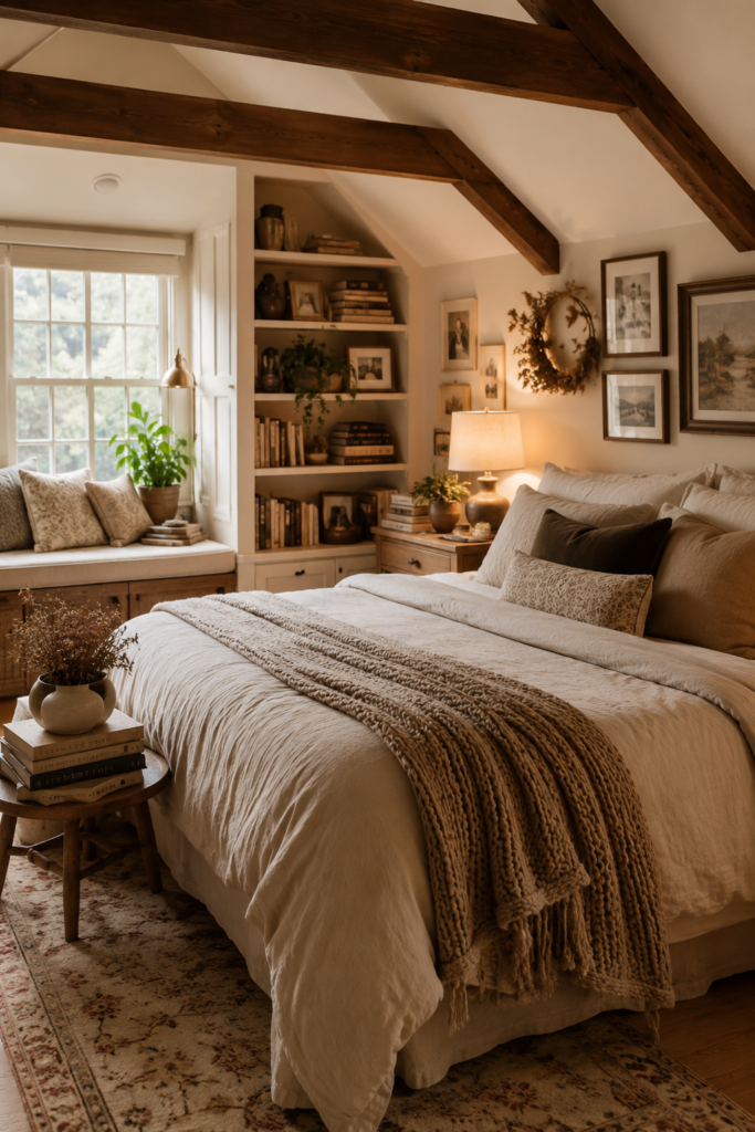 Personalized attic bedroom with cozy decor, artwork, books, and warm lighting