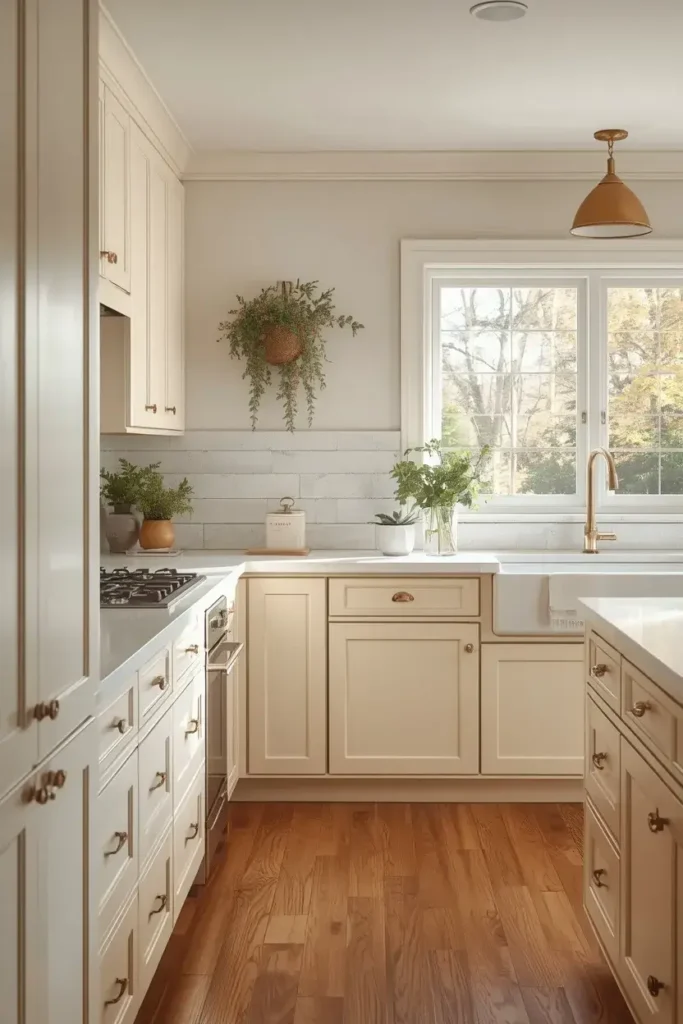 Classic warm white kitchen cabinets with brass hardware and natural wood accents