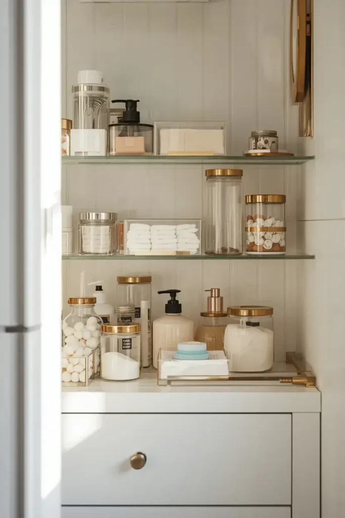 Clear containers organizing toiletries on a small bathroom shelf