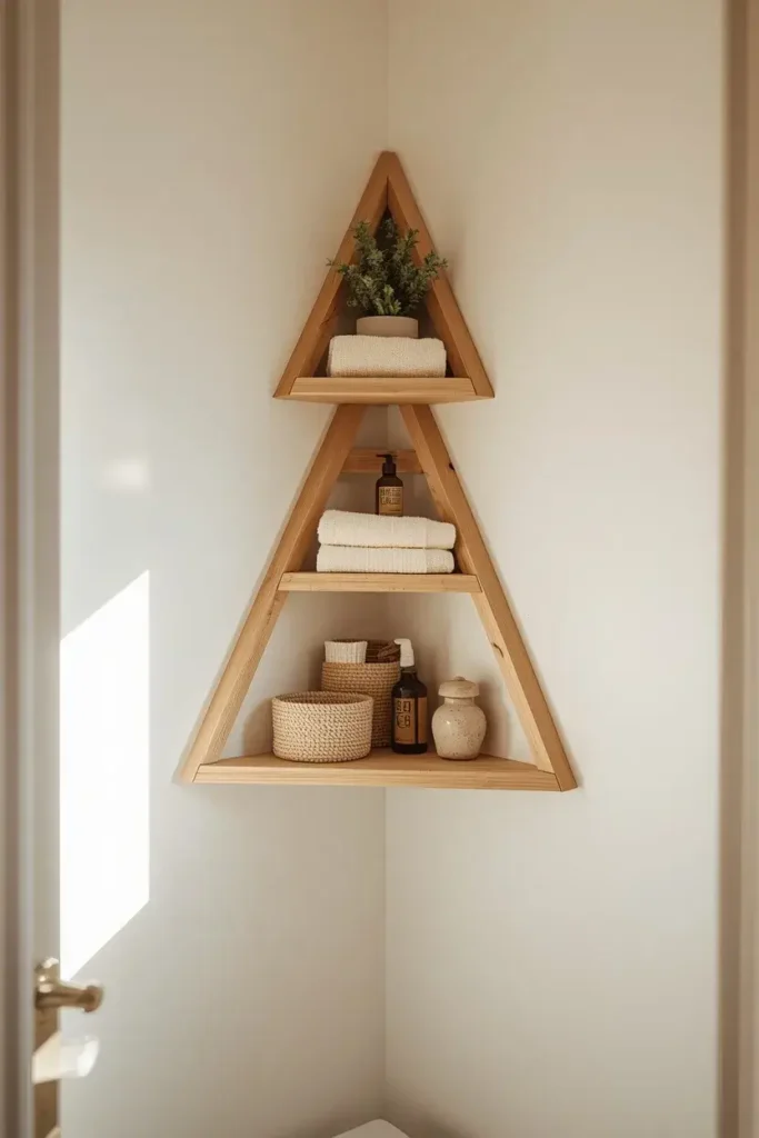 Corner shelves providing compact storage in a small bathroom