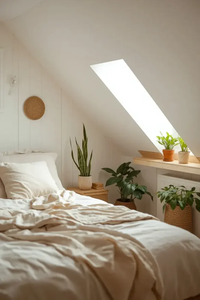 Cozy attic bedroom decorated with small green indoor plants