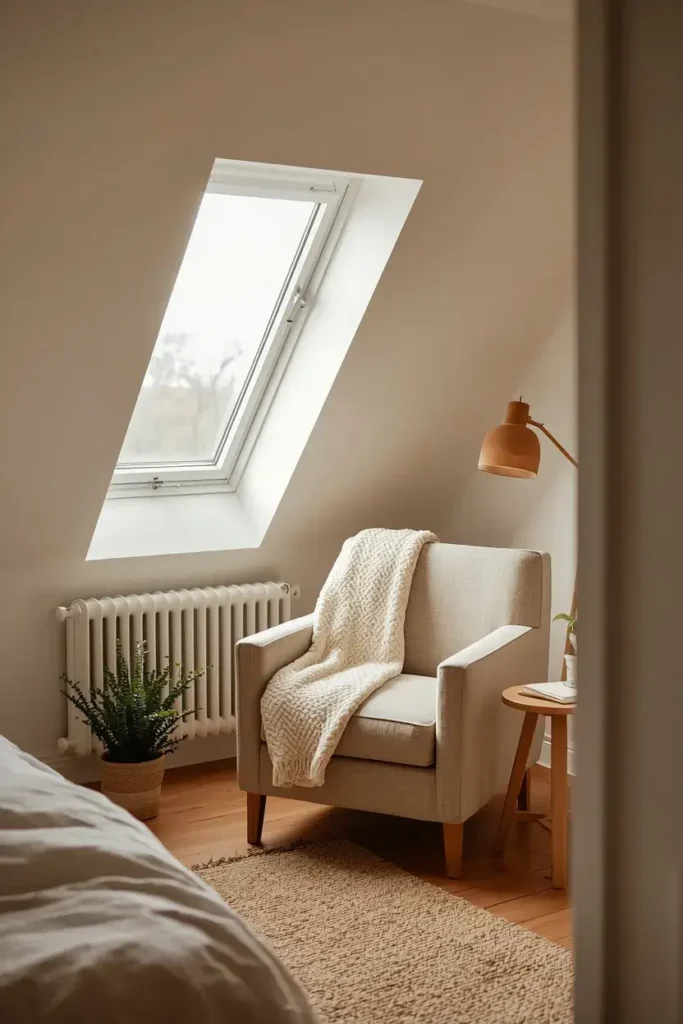Cozy attic bedroom reading nook with armchair beside a dormer window