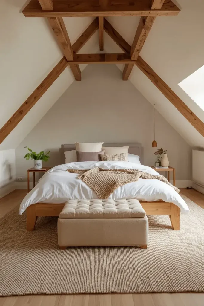 Cozy attic bedroom with a small upholstered bench at the foot of the bed