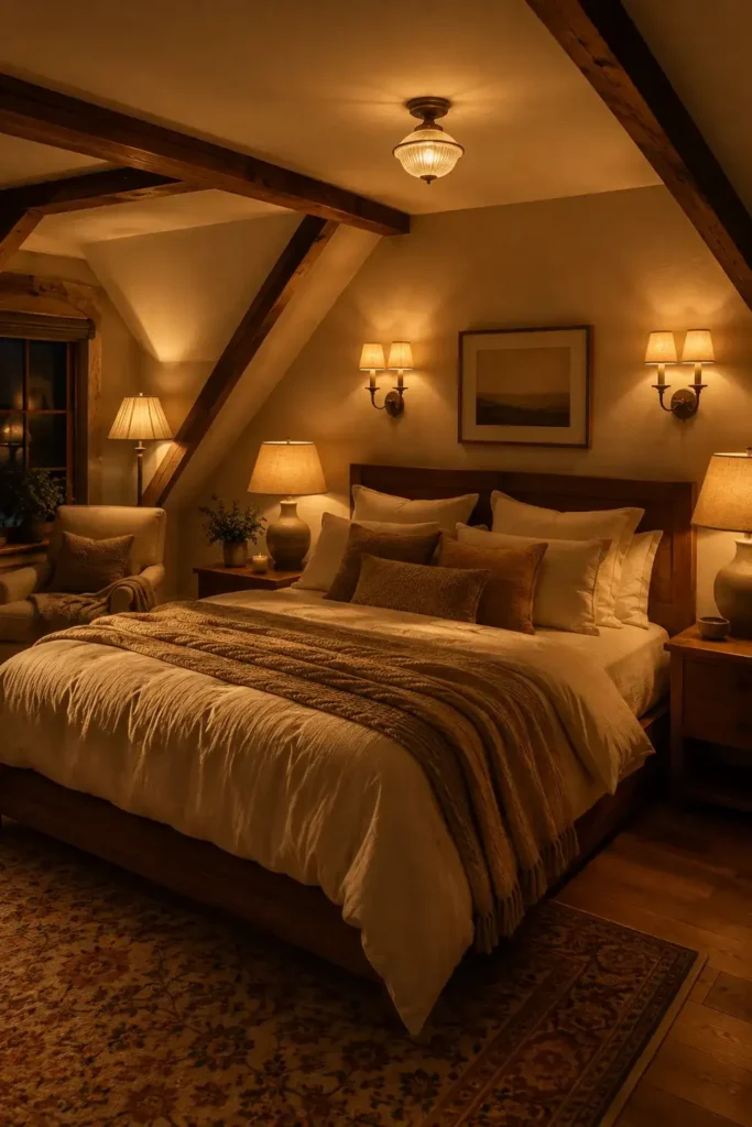 Cozy attic bedroom with layered warm lighting and bedside lamps