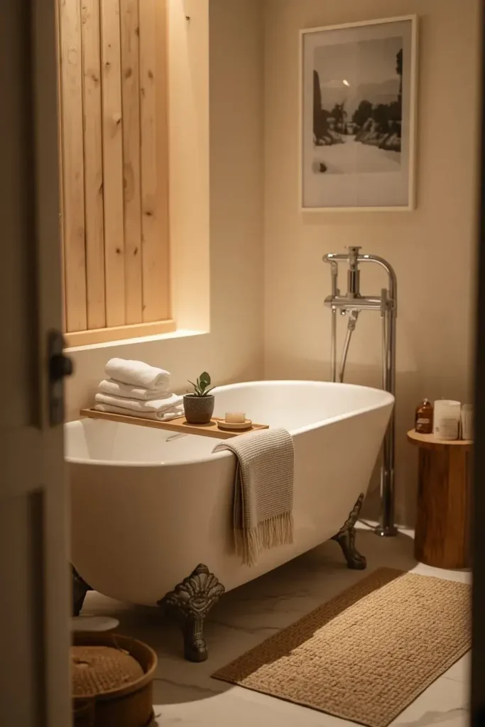 Cozy bathtub corner with wooden bath tray, towels, plant, and warm lighting