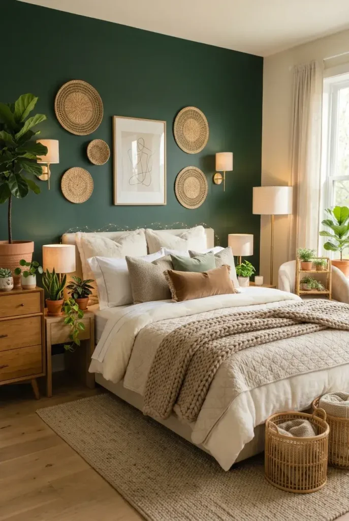 Cozy bedroom with layered cream bedding, textured blankets, pillows, and warm decor.
