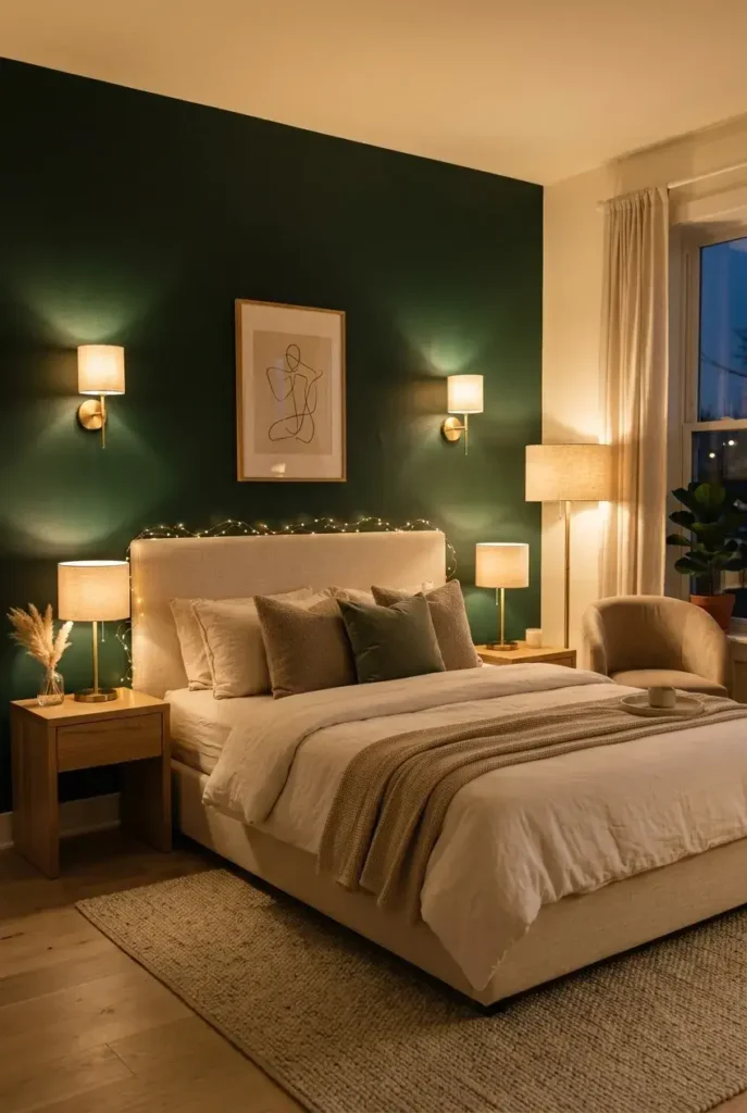 Cozy bedroom with warm bedside lamps, soft ambient lighting, and neutral bedding
