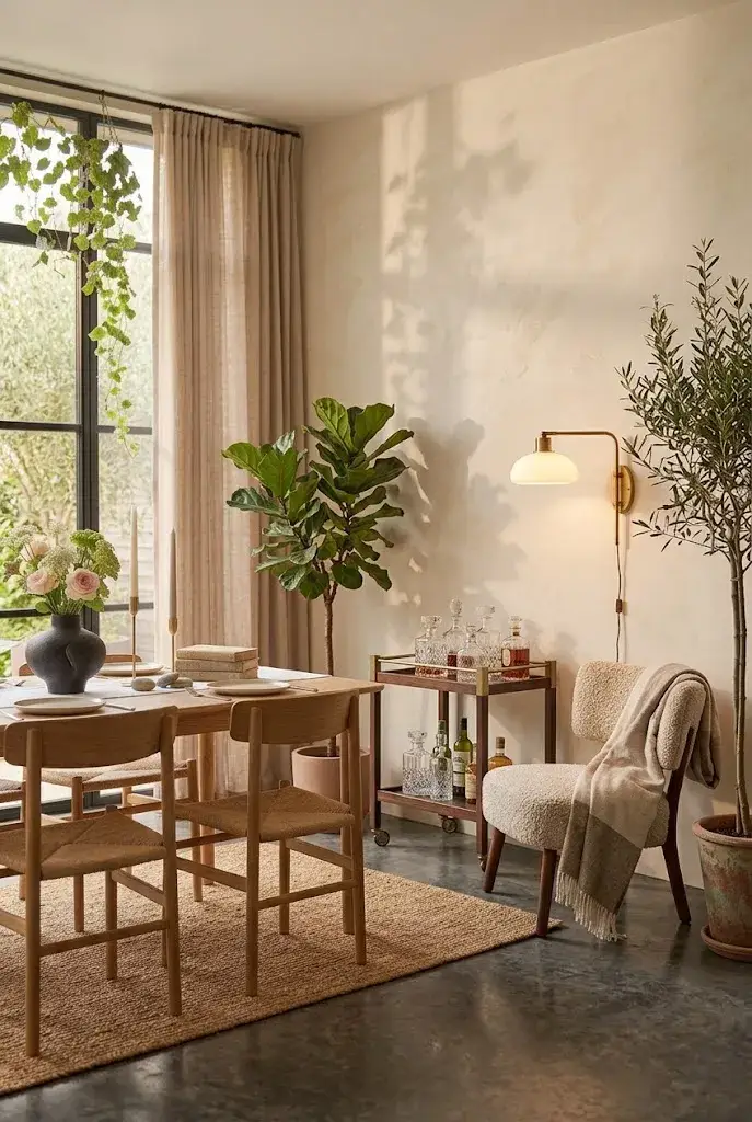 Cozy dining room corner with small round table and warm lighting
