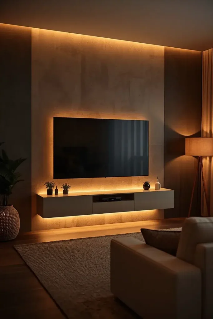 Cozy living room TV wall with warm ambient LED lighting around the television