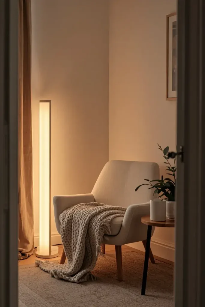 : Cozy reading corner with a floor lamp in a tiny living room