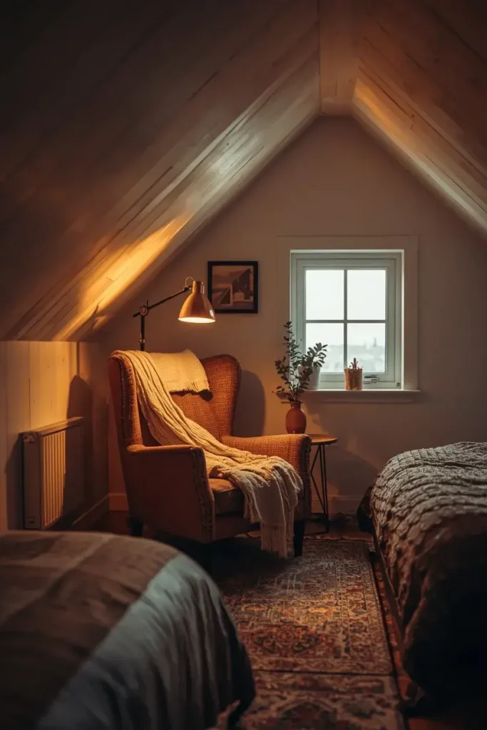 Cozy reading nook idea for attic bedroom window