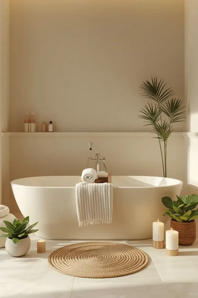 Cozy spa-inspired bathroom with bathtub, bamboo tray, towels, plants, and candles