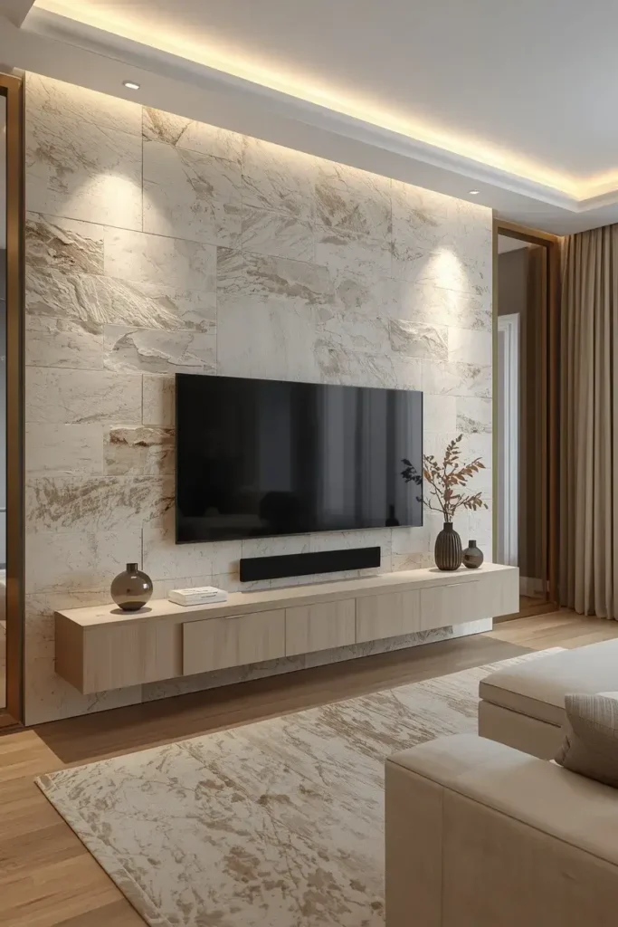 Cream stone TV feature wall with warm lighting and a wooden console