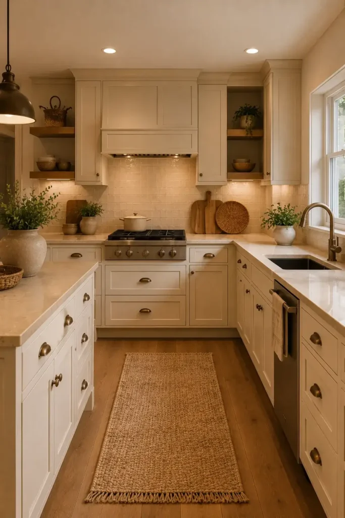 Creamy beige kitchen cabinets with warm stone countertops and wood accents