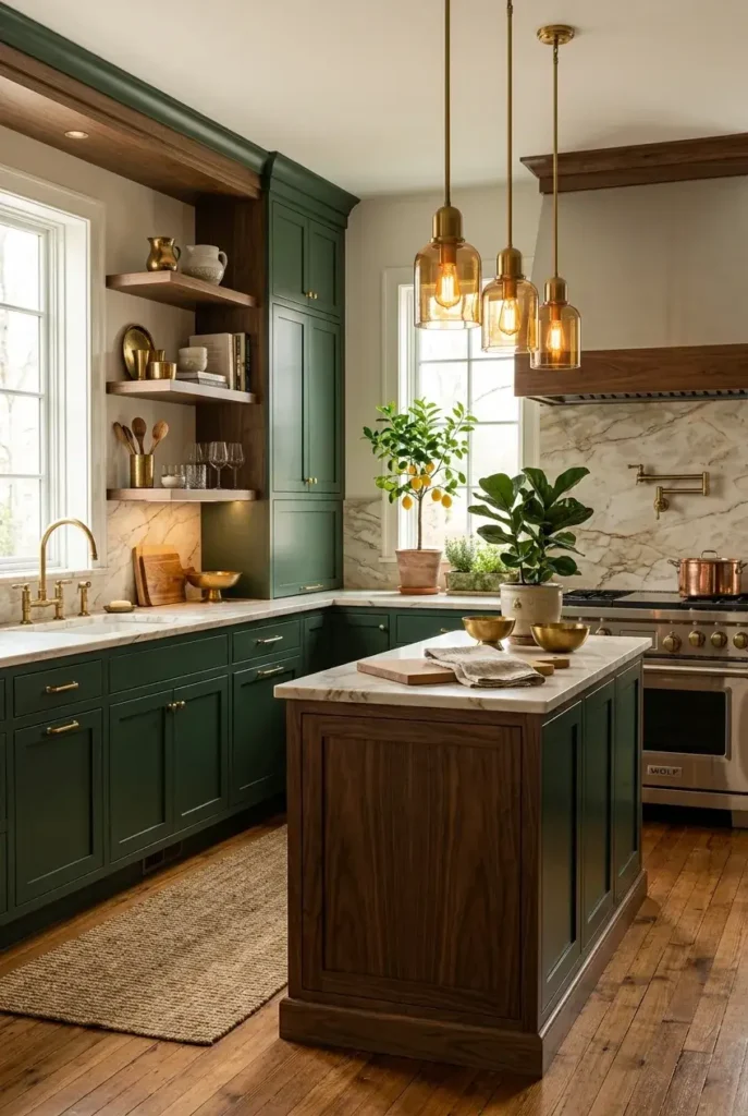 Deep forest green kitchen cabinets with cream countertops and brass hardware