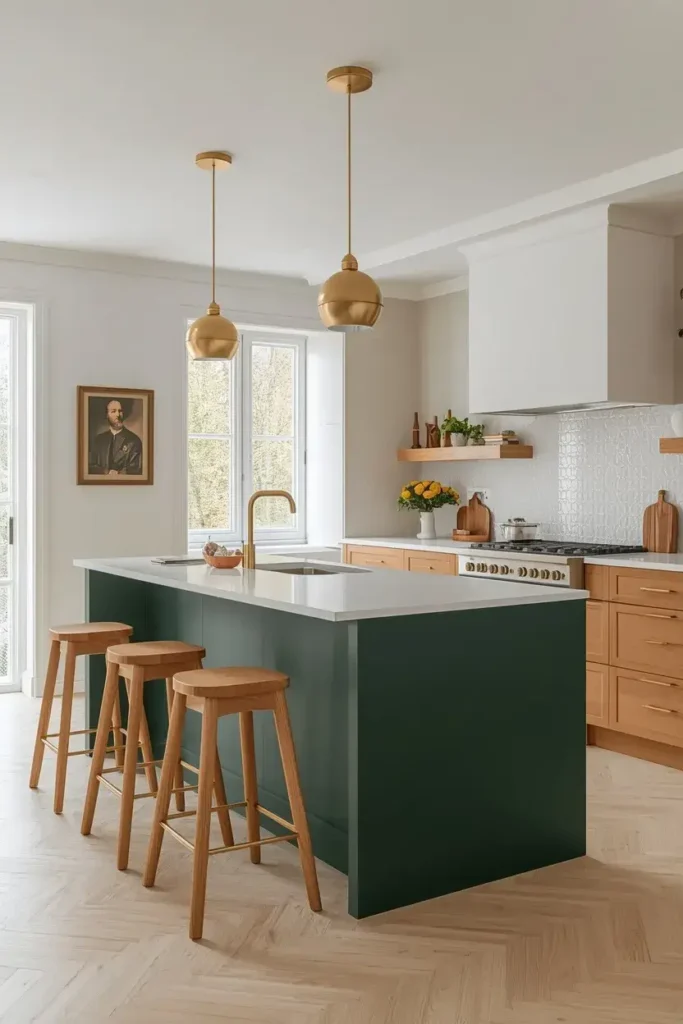 Deep forest green kitchen island with white quartz countertop and wooden stools