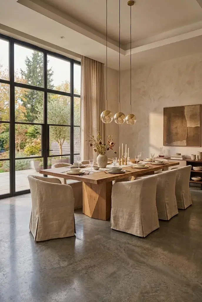 Dining room decorated with soft neutral beige and cream color palette