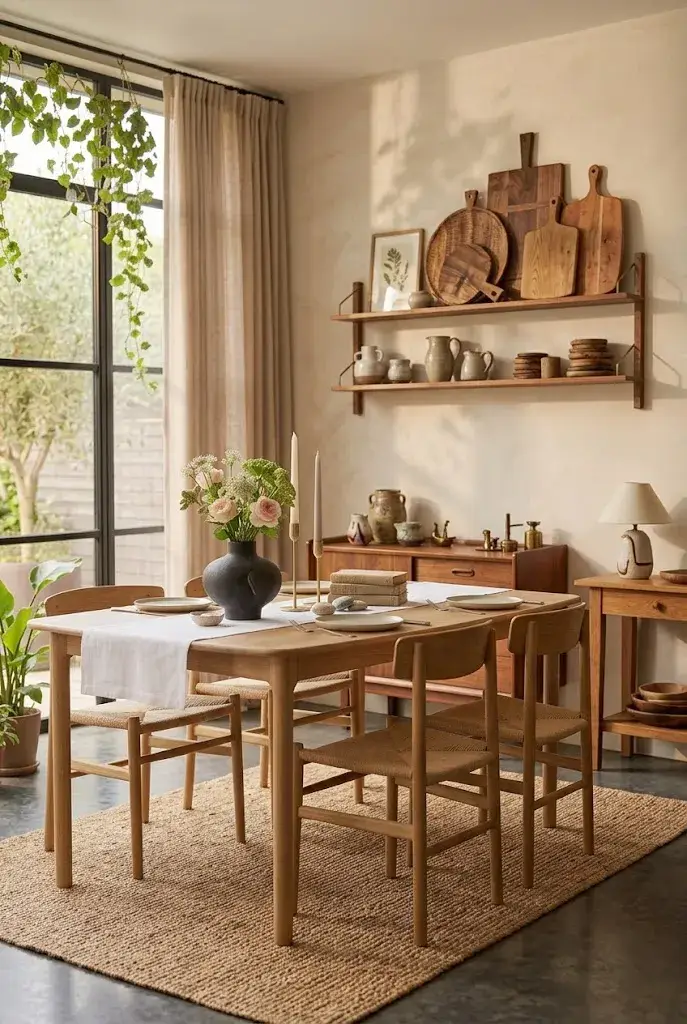 Dining room decorated with warm wooden furniture and accents