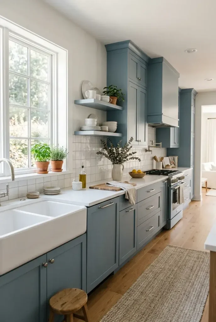 Dusty blue kitchen cabinets with white countertops and light oak flooring