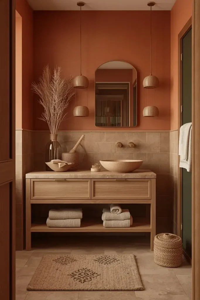 Earthy bathroom with terracotta walls, olive accents, wood vanity, and brass fixtures