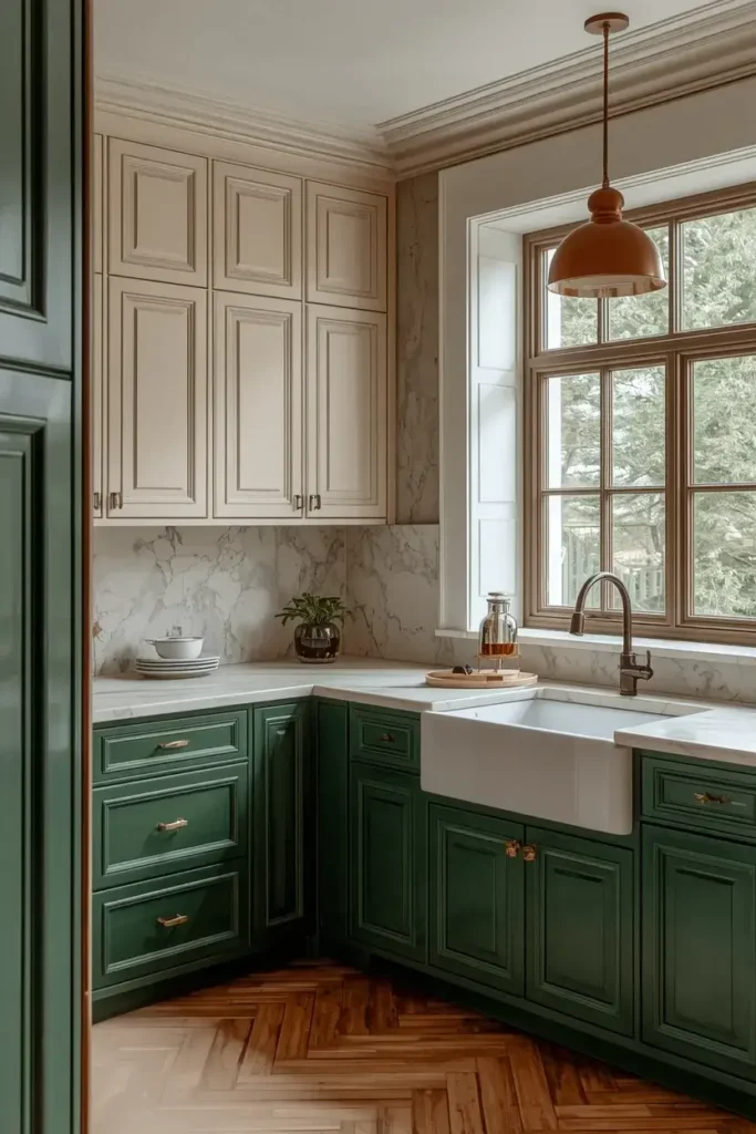 Emerald green lower kitchen cabinets with white upper cabinets and gold hardware