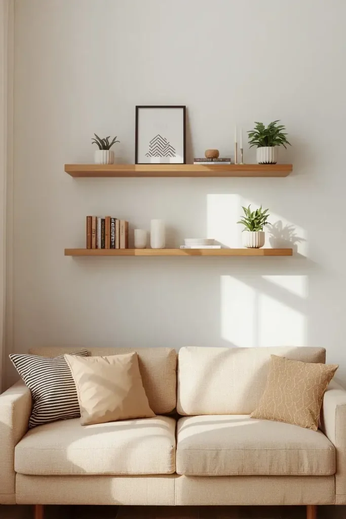  Floating shelves for stylish storage in a small apartment living room