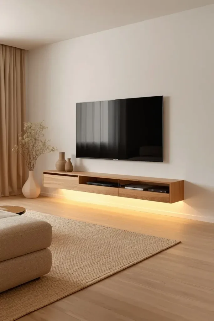  Floating wooden TV console beneath a wall-mounted television in a modern living room