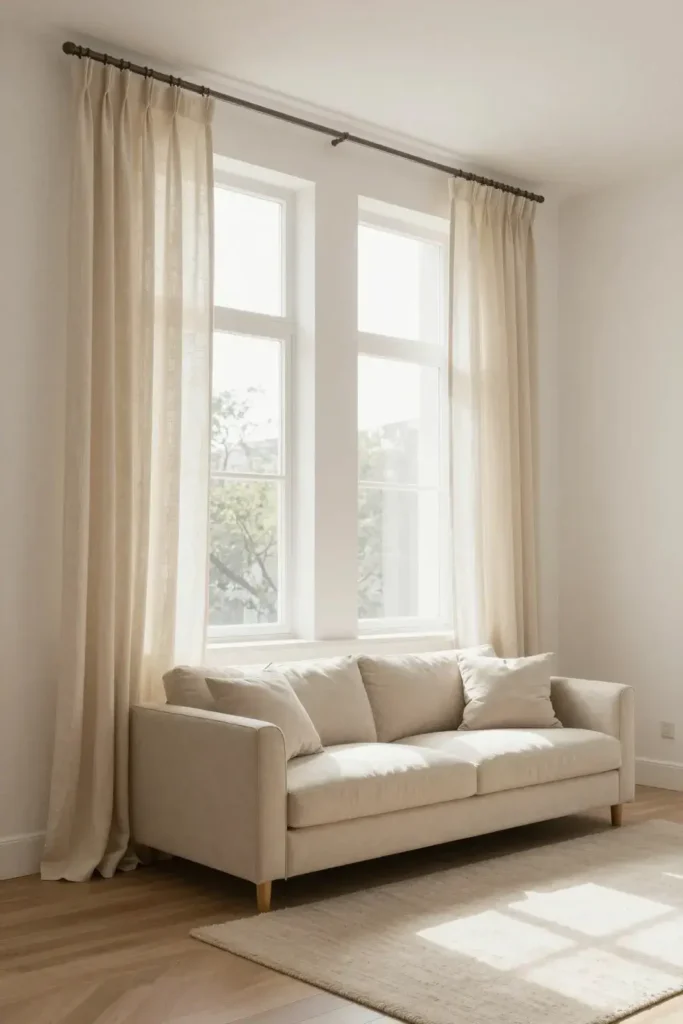  Floor-length curtains hung high in a tiny apartment living room
