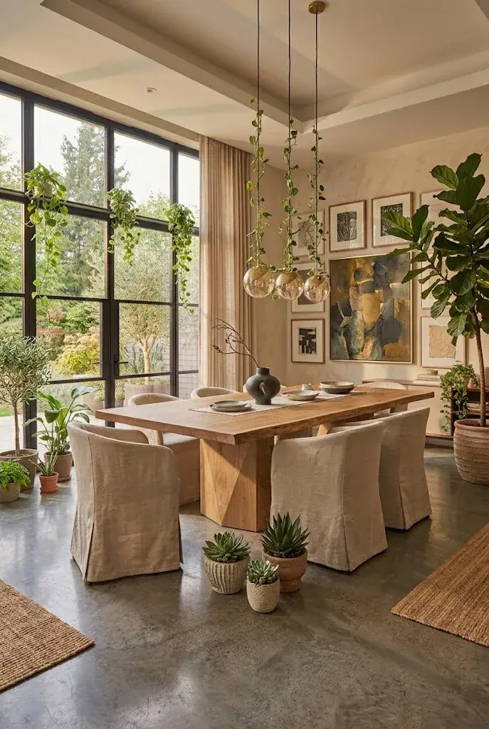 Framed abstract artwork hanging above a wooden dining table