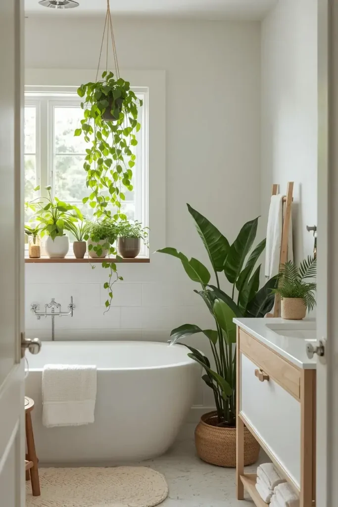 Fresh bathroom decorated with pothos, ferns, and other indoor plants