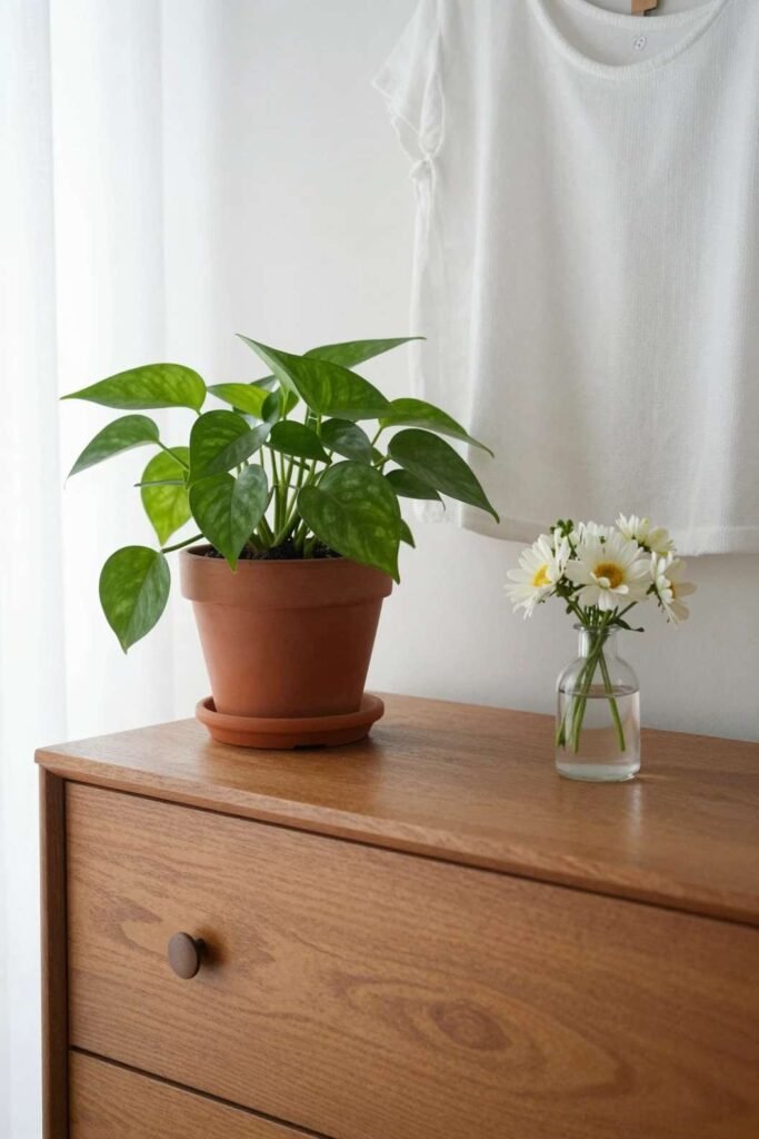 Fresh greenery and plants styled in a guest bedroom
