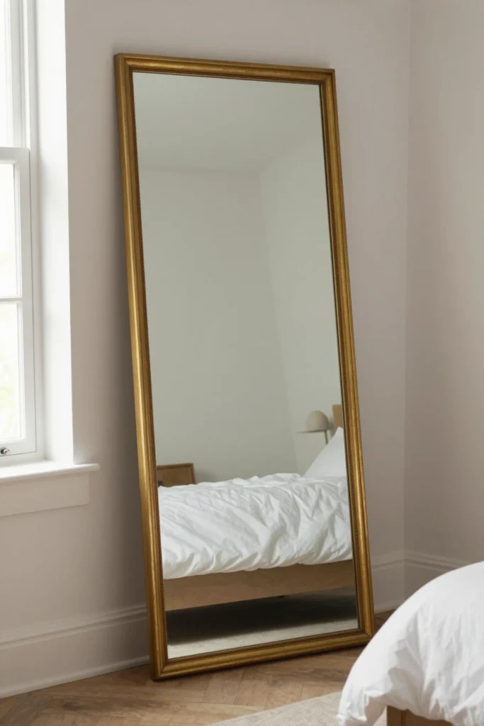 Full length leaning mirror brightening a small guest room
