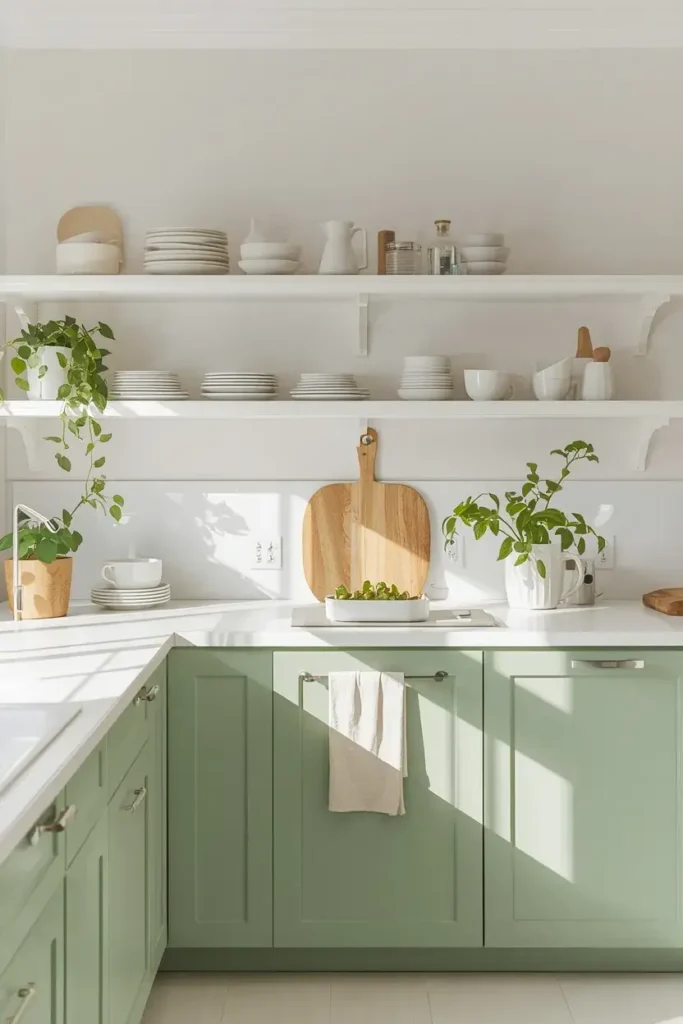 Green and white kitchen with pale green lower cabinets and white countertops
