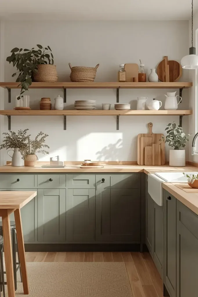 Green kitchen cabinets paired with natural wood shelves and warm organic accents