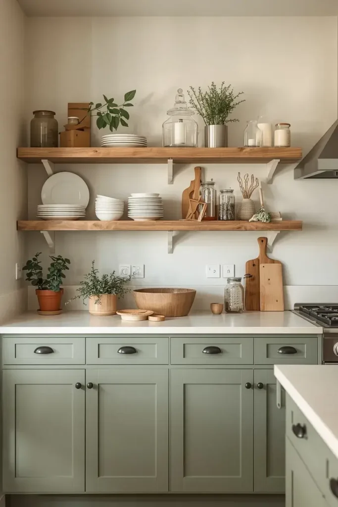 Green kitchen cabinets with natural wood open shelving and ceramic dishes