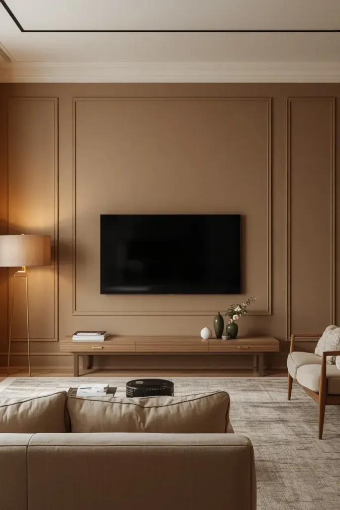 Greige paneled TV wall with elegant molding and a floating console