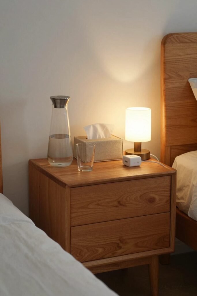 Guest ready nightstand with water carafe and phone charger
