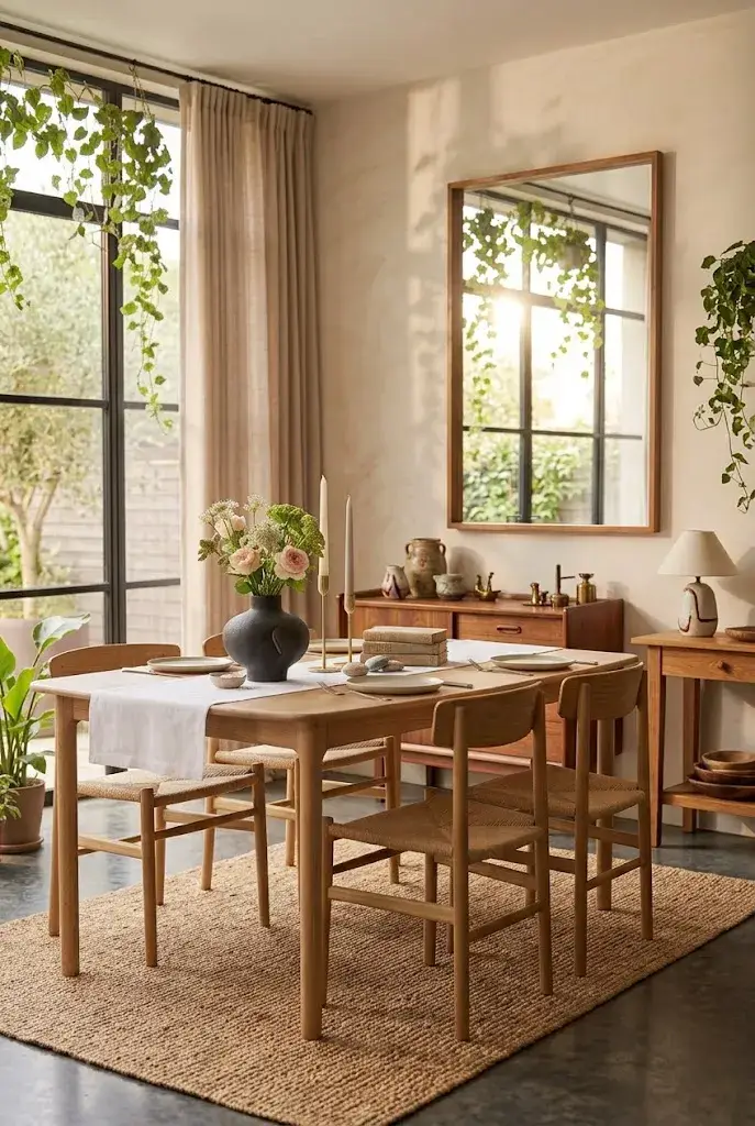 Large decorative mirror reflecting natural light in dining room