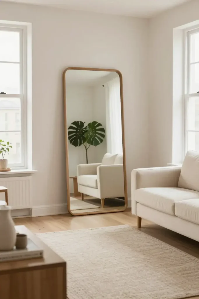 : Large mirror making a tiny living room look more spacious