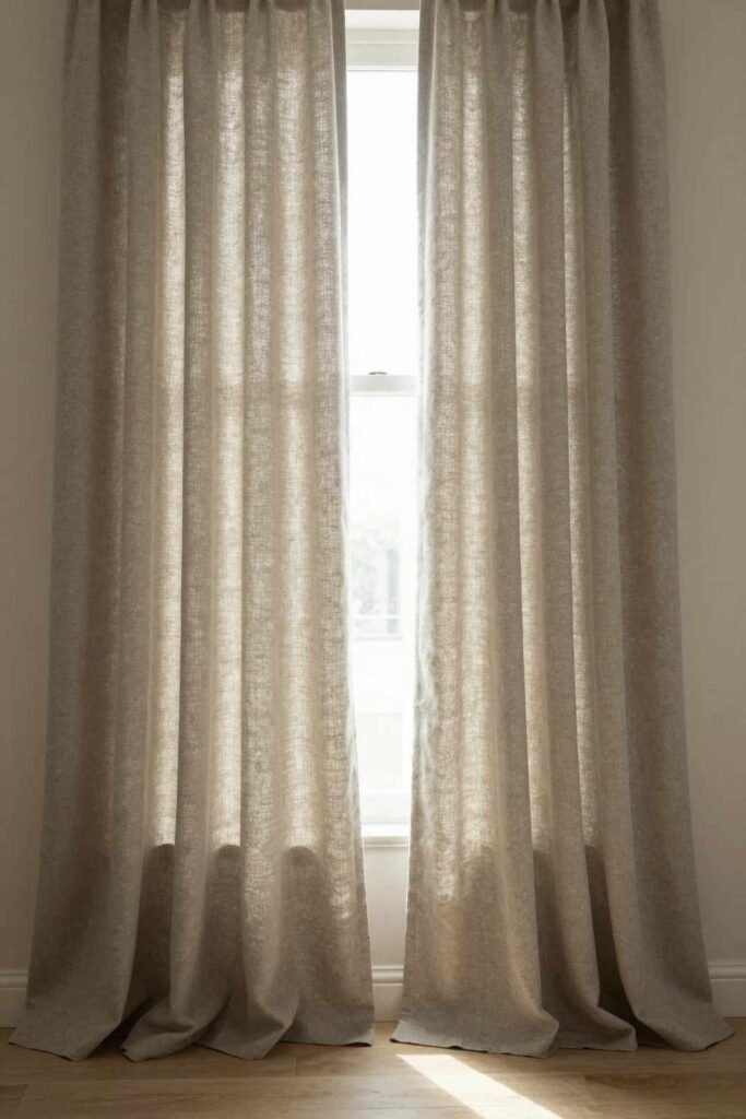 Layered linen and blackout curtains for a dark restful guest room
